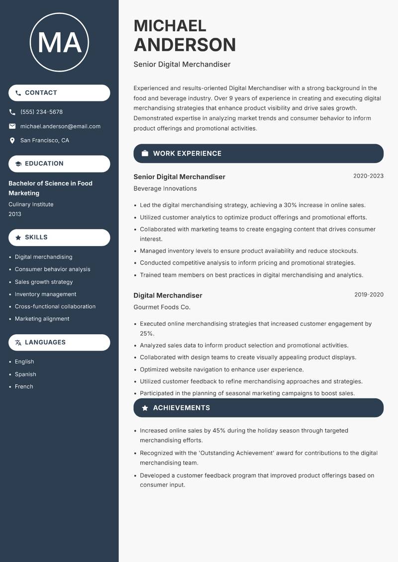 Digital Merchandiser resume sample — Senior Digital Merchandiser focus