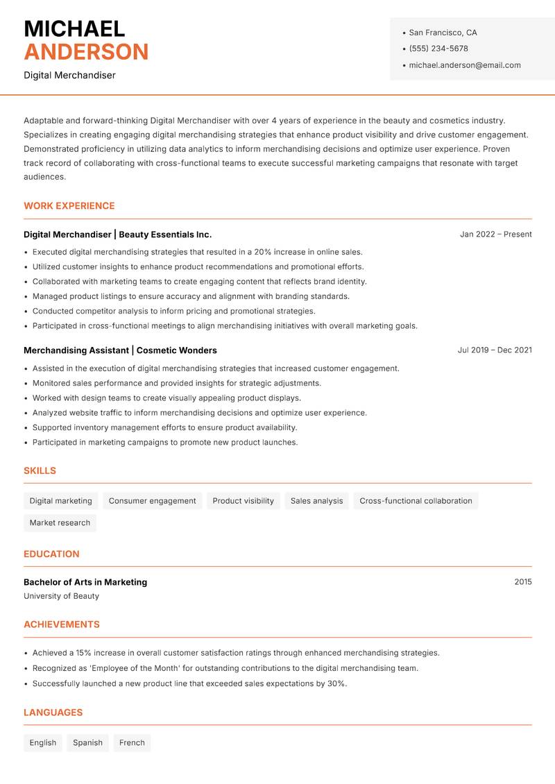 Digital Merchandiser resume sample — Digital Merchandiser focus