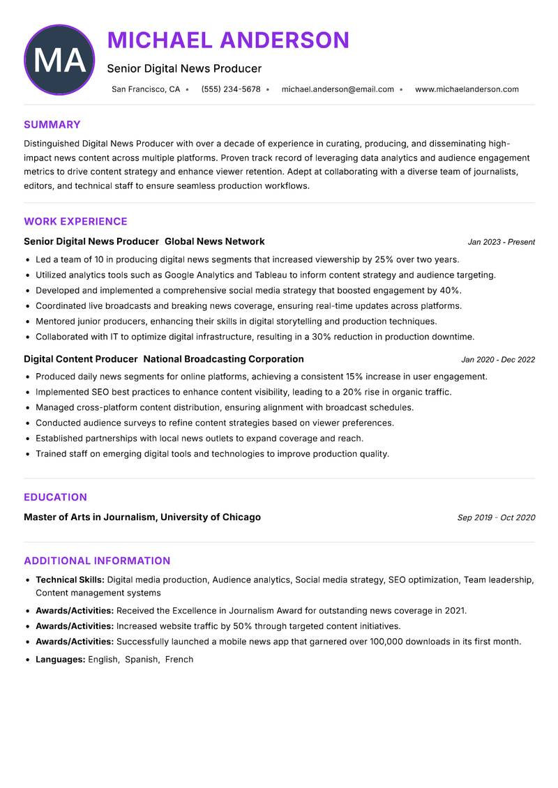 Digital News Producer resume example