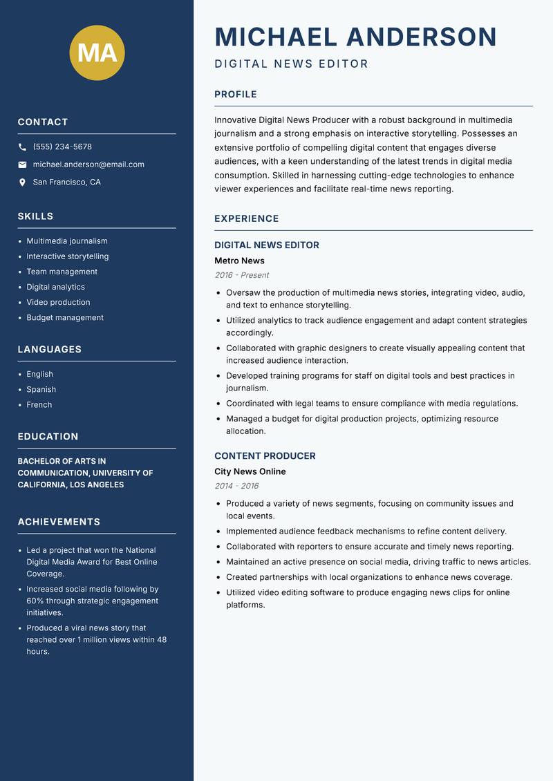 Digital News Producer resume sample — Digital News Editor focus