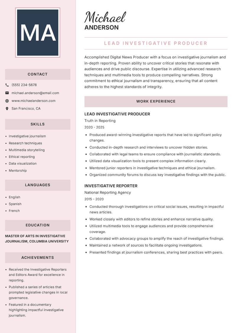 Digital News Producer resume sample — Lead Investigative Producer focus