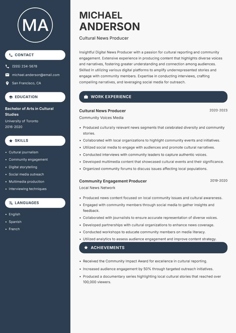 Digital News Producer resume sample — Cultural News Producer focus