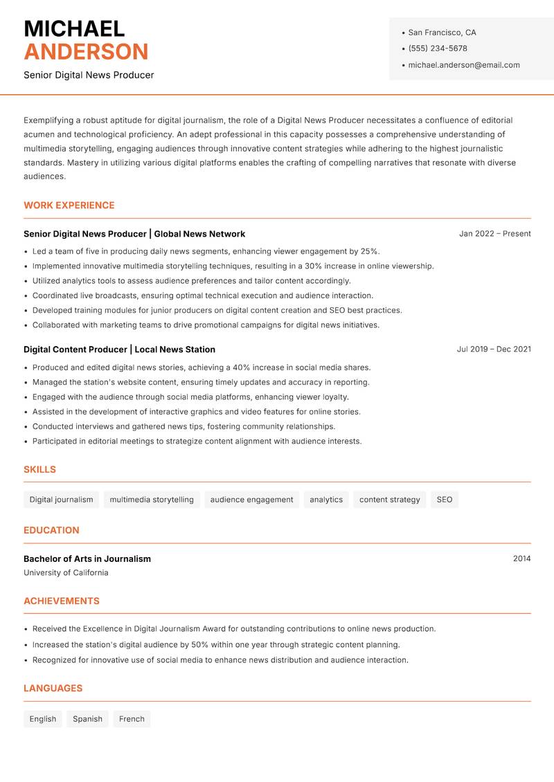 Digital News Producer resume sample — Senior Digital News Producer focus