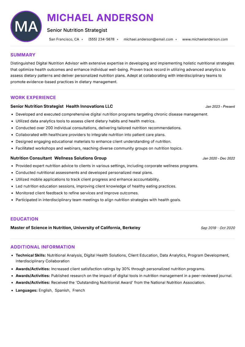 Digital Nutrition Advisor resume example
