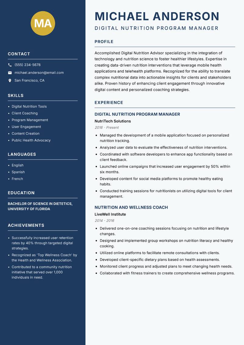 Digital Nutrition Advisor resume sample — Digital Nutrition Program Manager focus