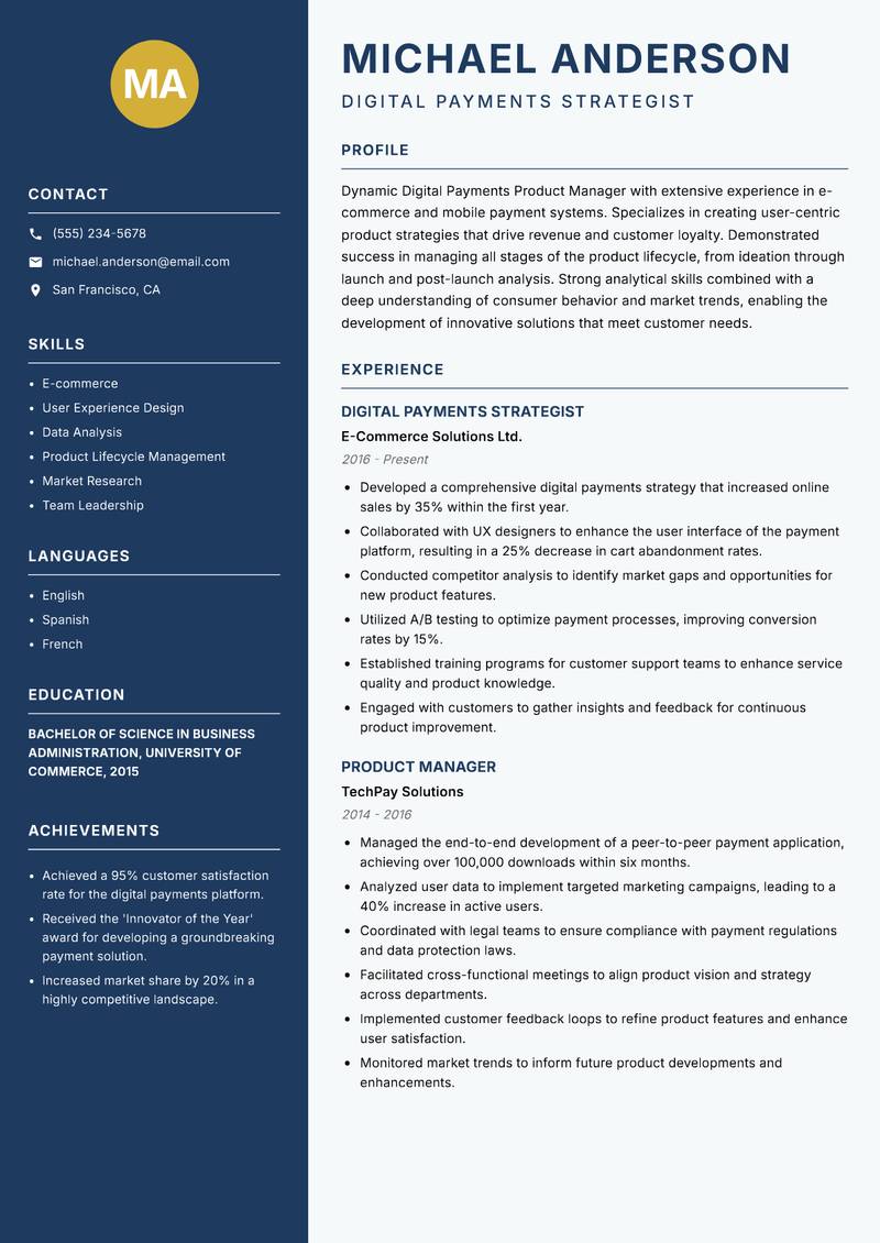 Digital Payments Product Manager resume sample — Digital Payments Strategist focus