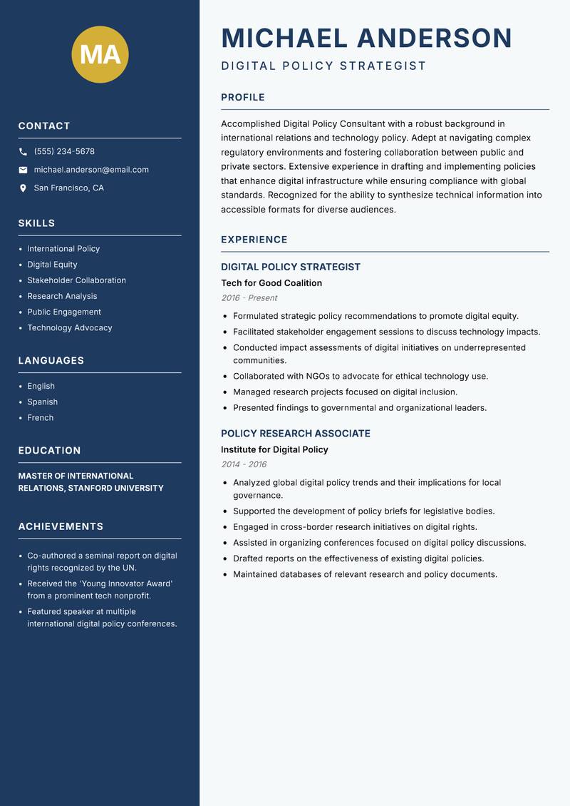 Digital Policy Consultant resume sample — Digital Policy Strategist focus