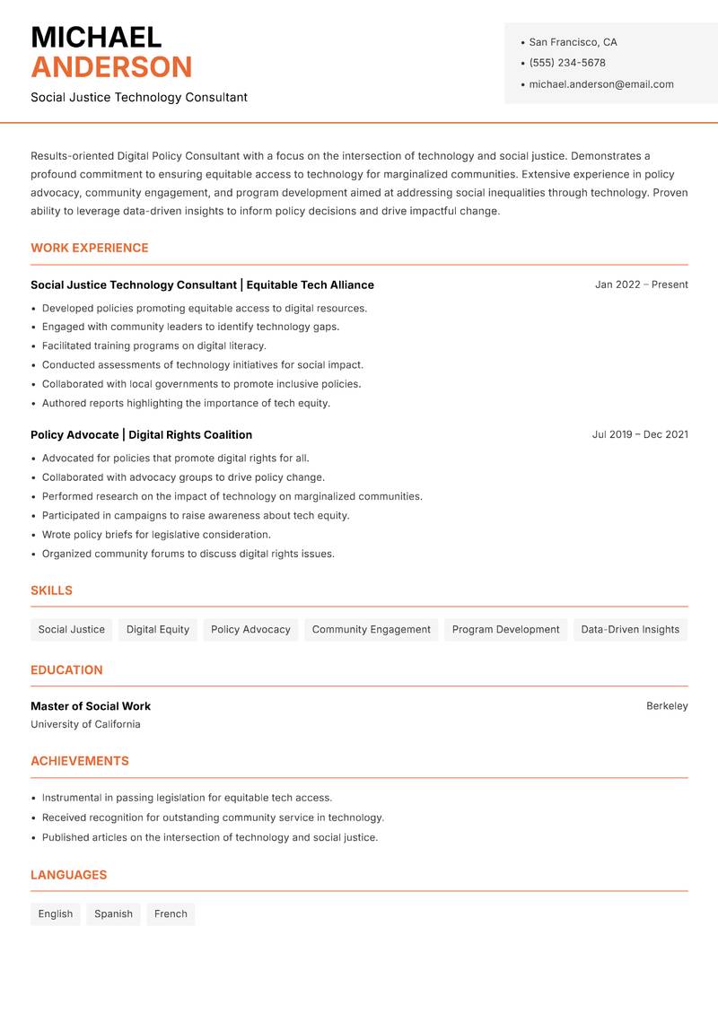 Digital Policy Consultant resume sample — Social Justice Technology Consultant focus