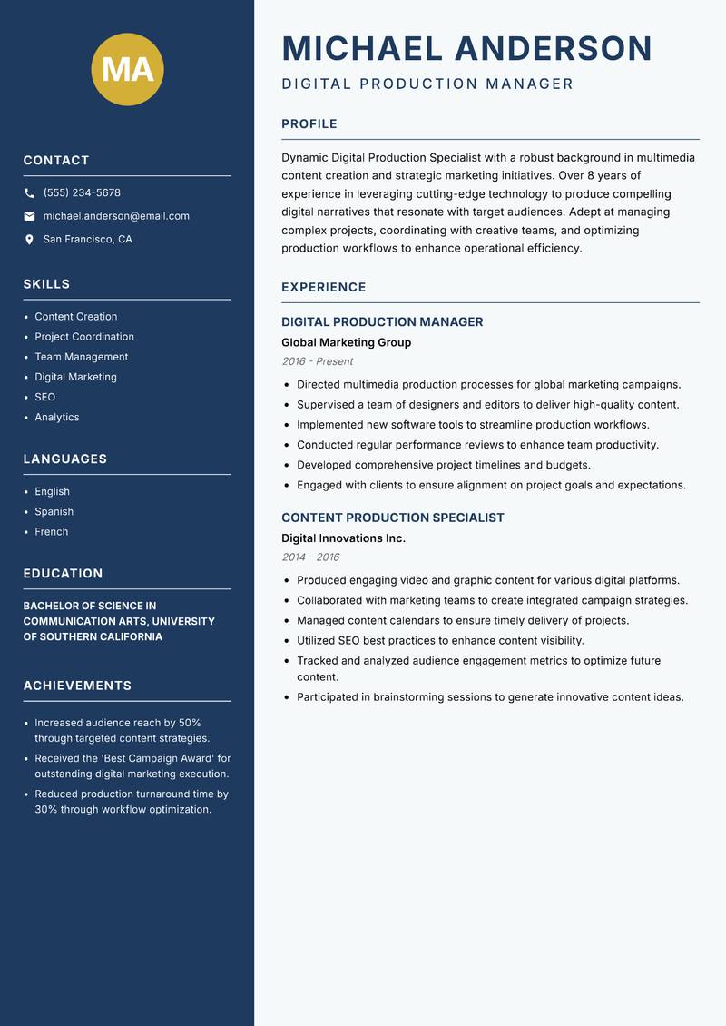 Digital Production Specialist resume sample — Digital Production Manager focus