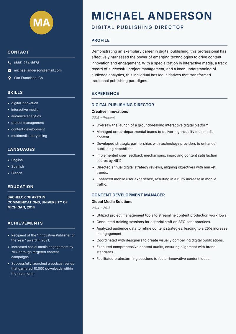 Digital Publisher resume sample — Digital Publishing Director focus