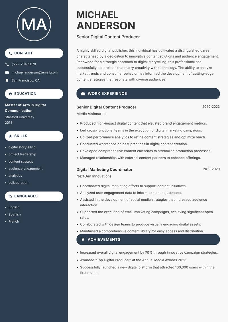 Digital Publisher resume sample — Senior Digital Content Producer focus