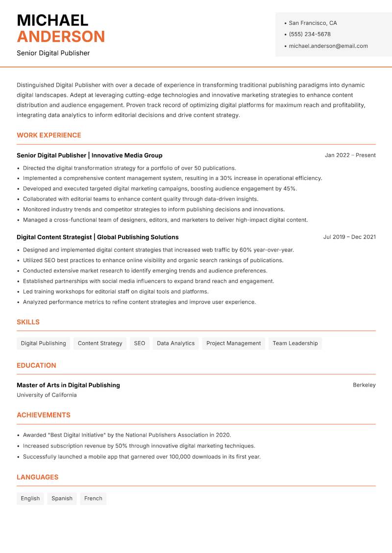 Digital Publisher resume sample — Senior Digital Publisher focus