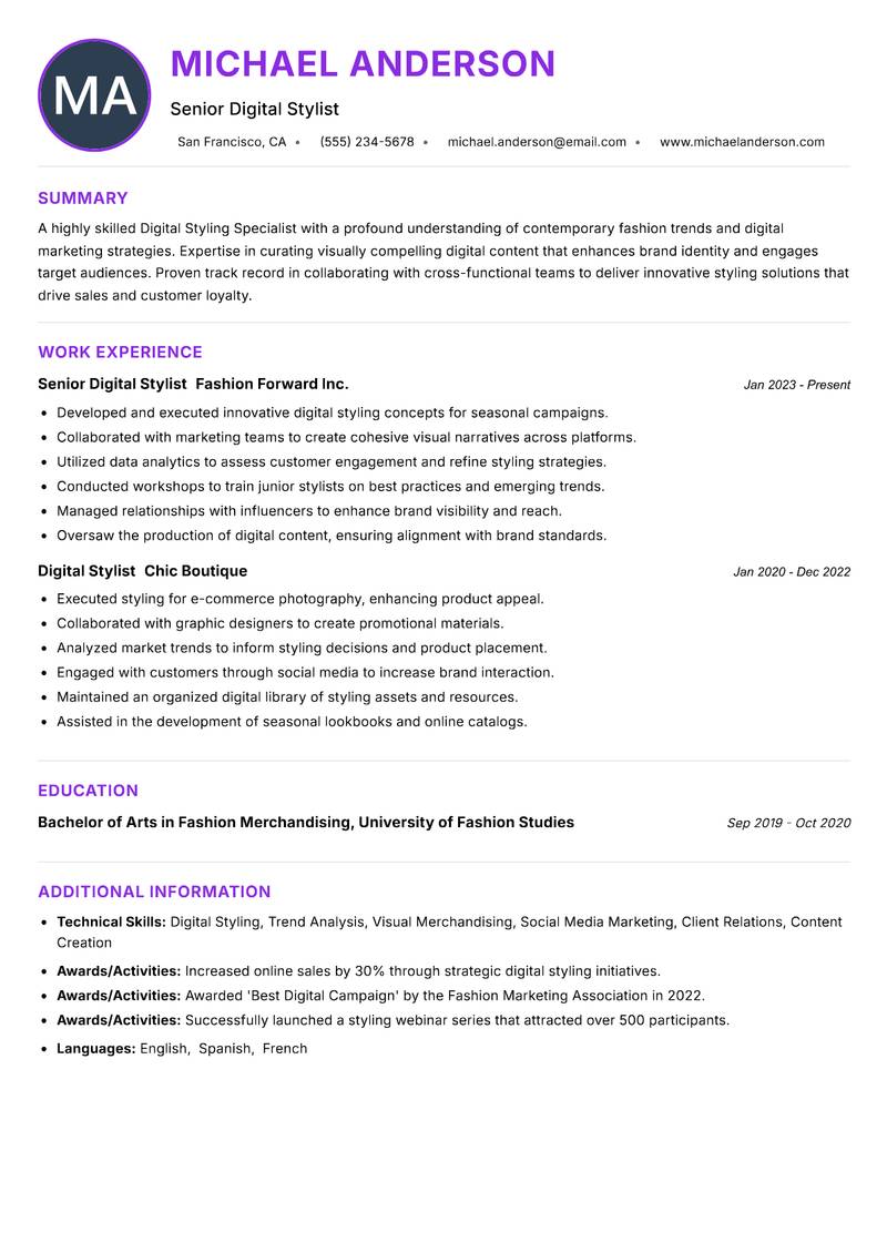 Digital Styling Specialist resume example