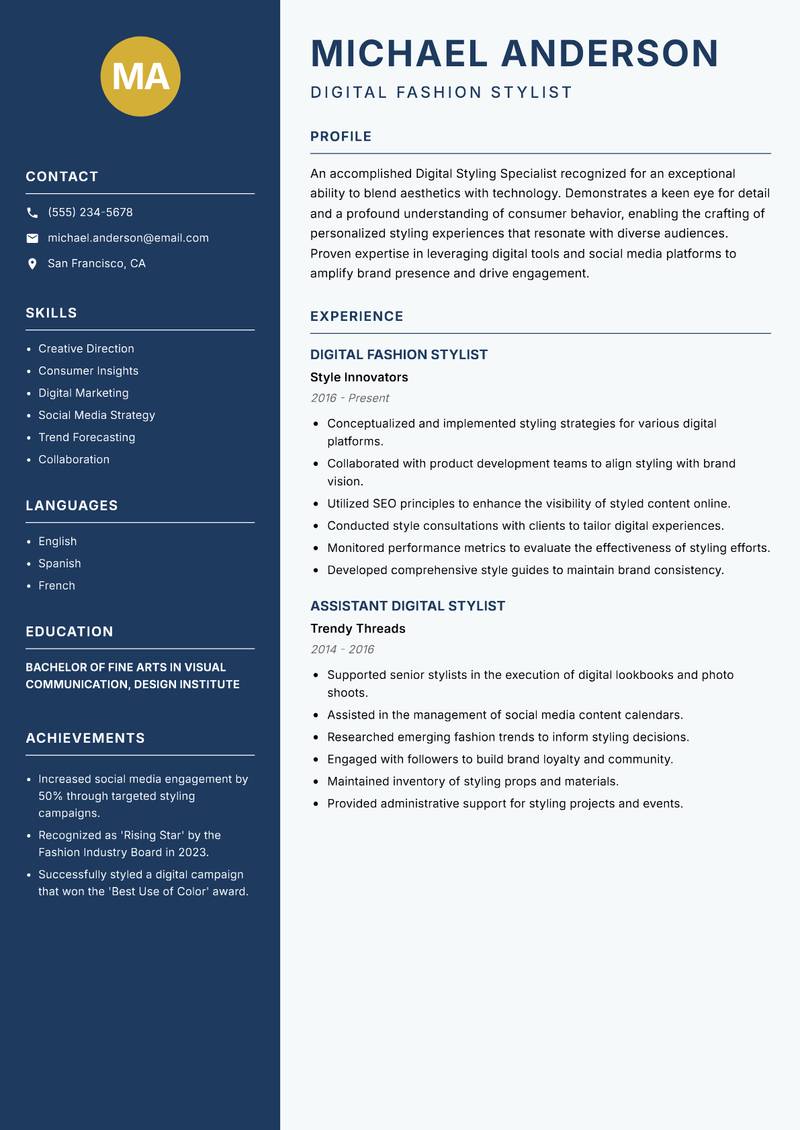 Digital Styling Specialist resume sample — Digital Fashion Stylist focus