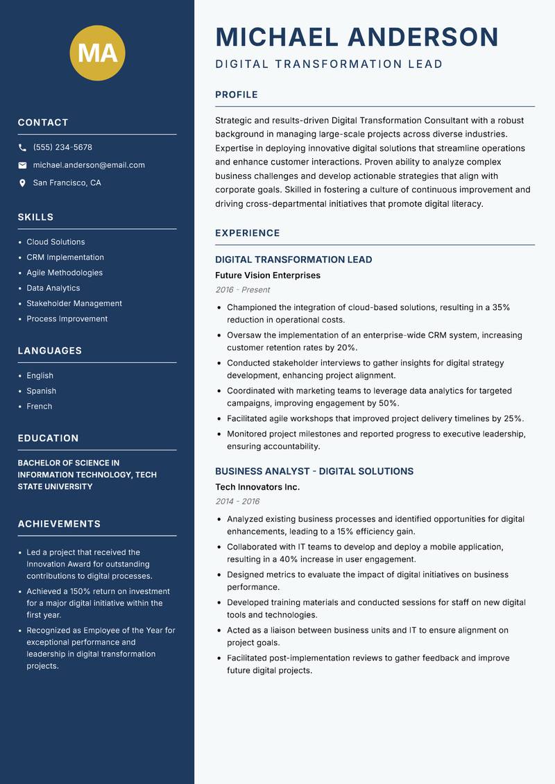 Digital Transformation Consultant resume sample — Digital Transformation Lead focus