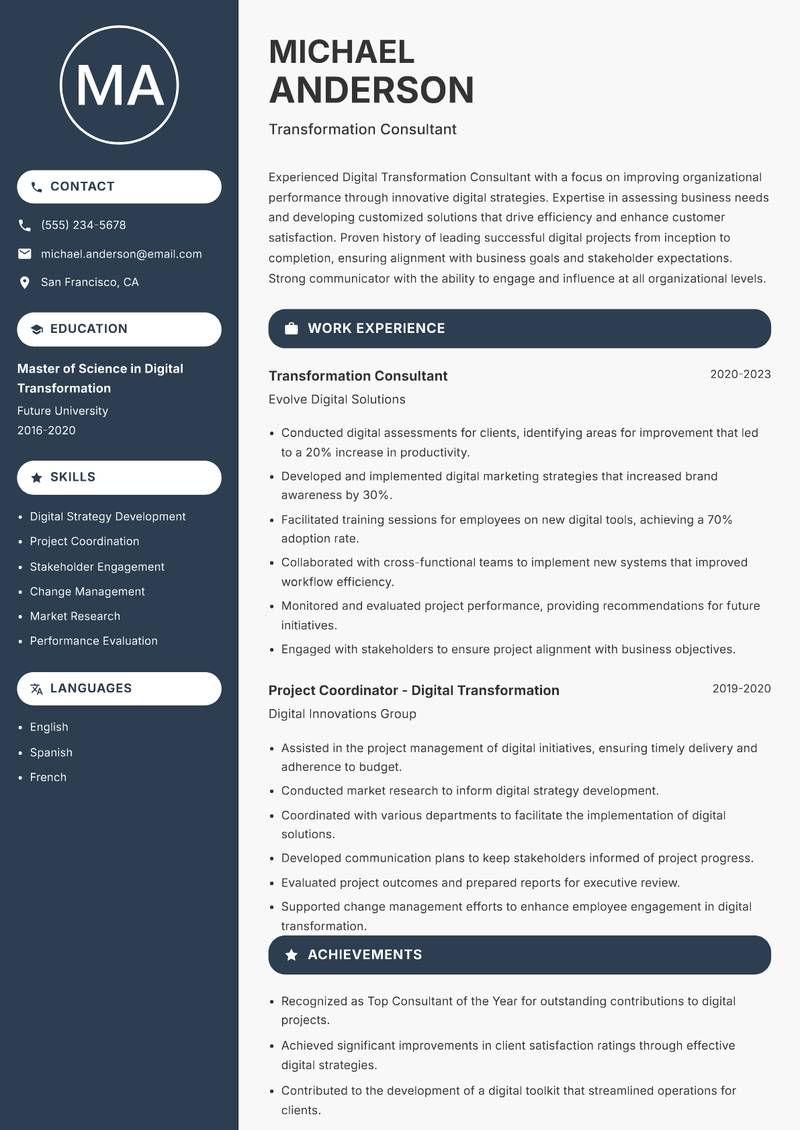 Digital Transformation Consultant resume sample — Transformation Consultant focus