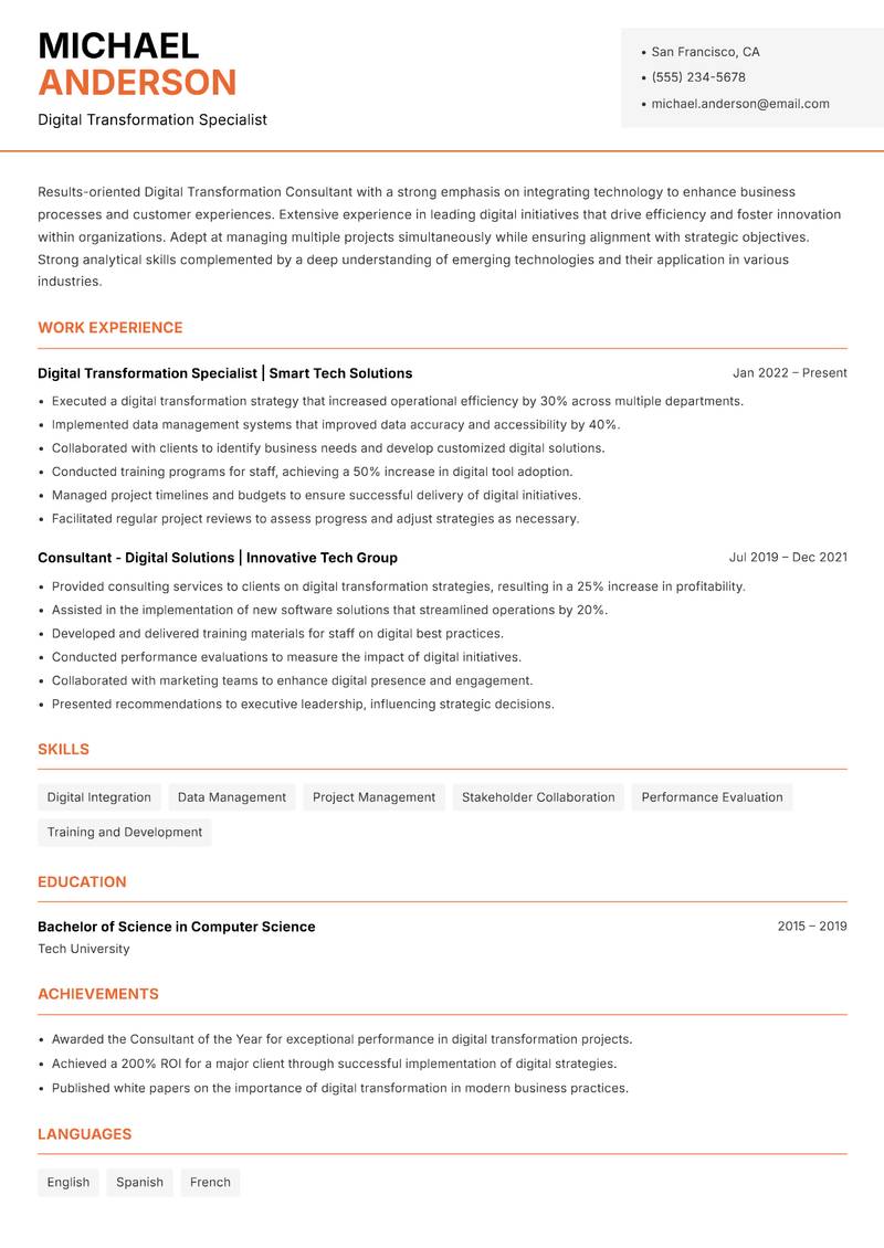 Digital Transformation Consultant resume sample — Digital Transformation Specialist focus