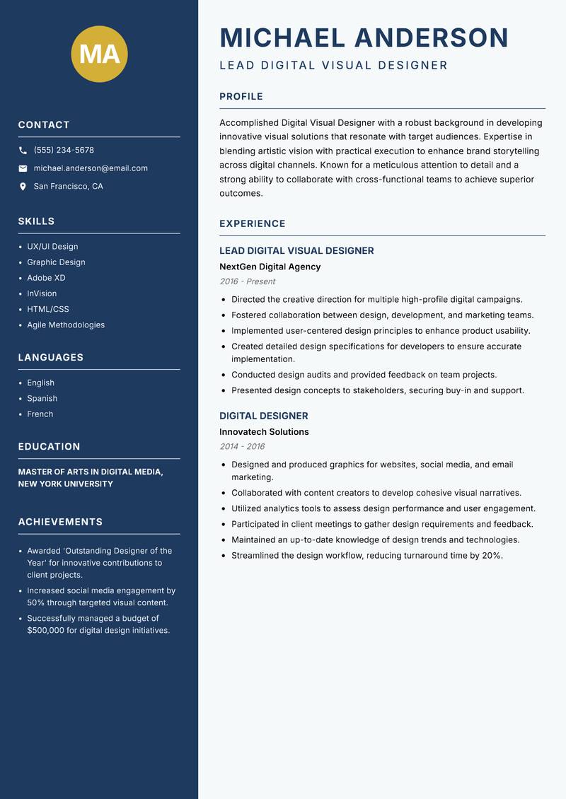 Digital Visual Designer resume sample — Lead Digital Visual Designer focus