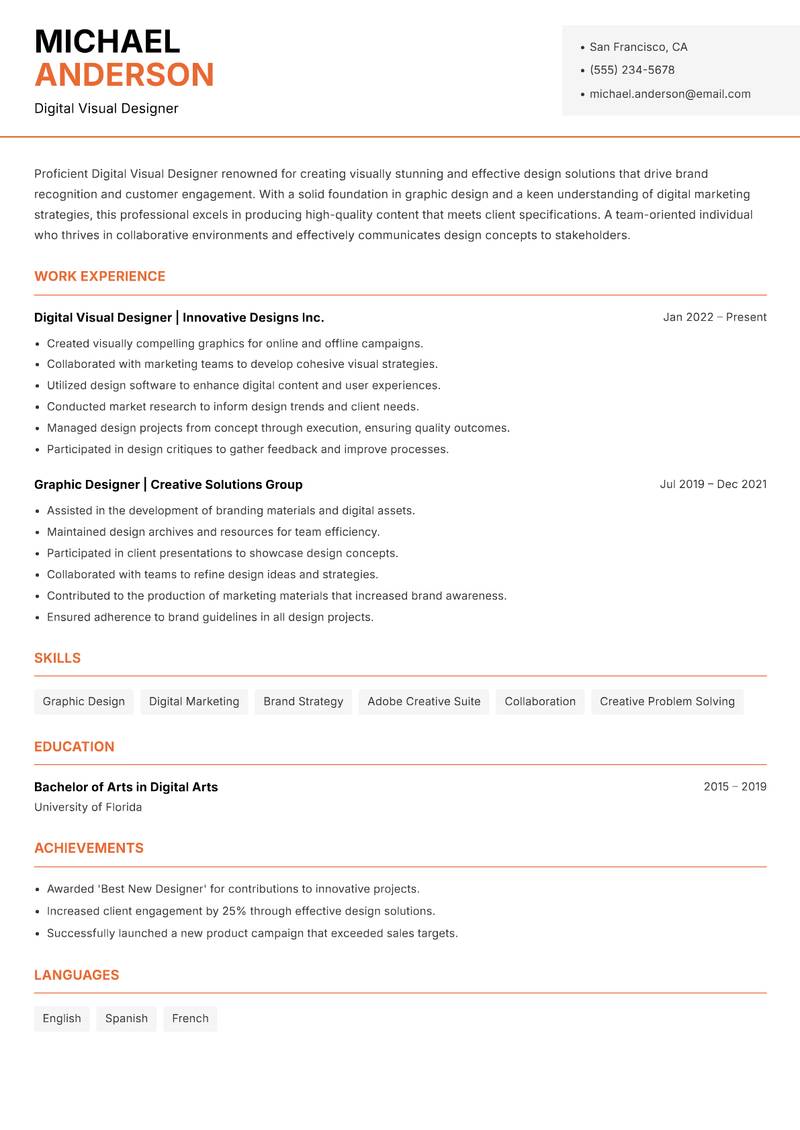 Digital Visual Designer resume sample — Digital Visual Designer focus