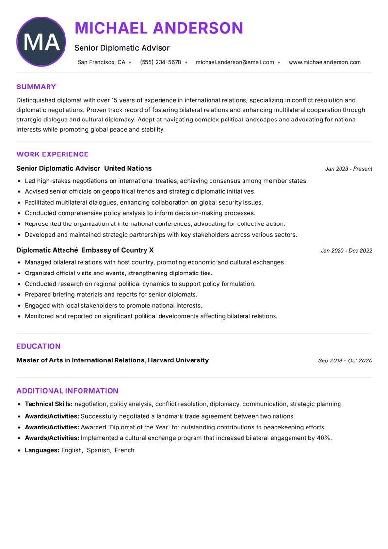 Diplomat resume example