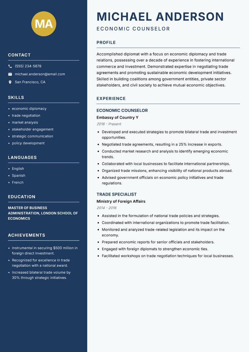 Diplomat resume sample — Economic Counselor focus