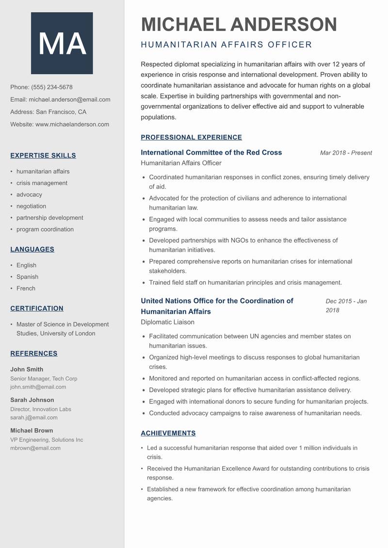 Diplomat resume sample — Humanitarian Affairs Officer focus
