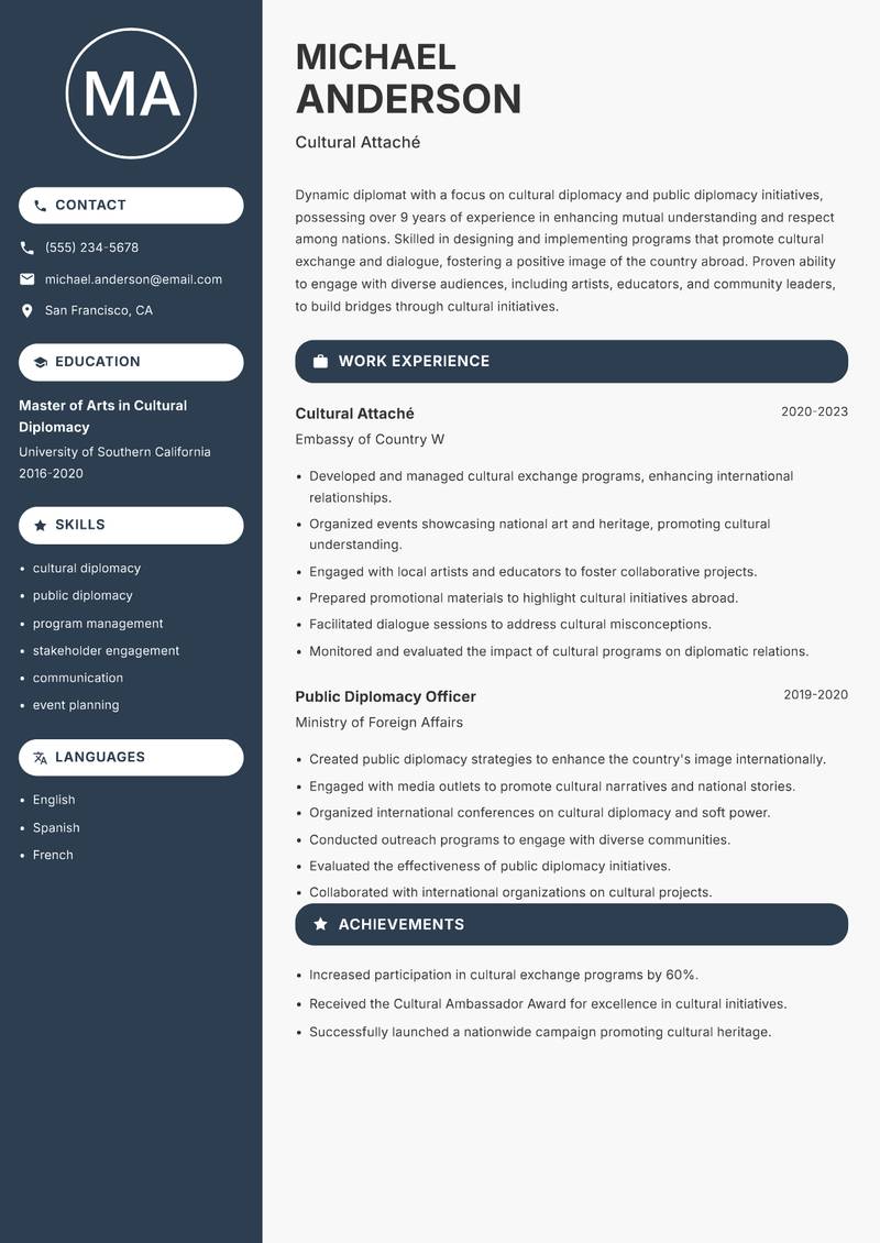 Diplomat resume sample — Cultural Attaché focus