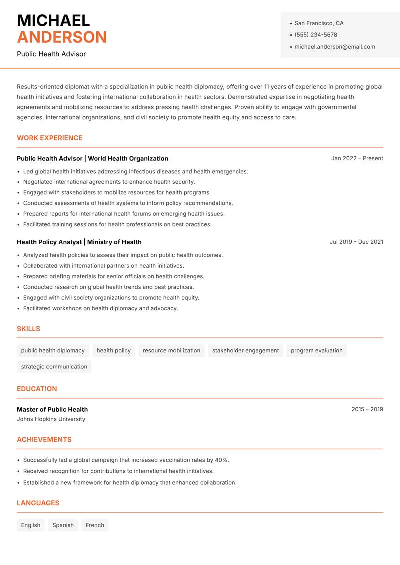 Diplomat resume sample — Public Health Advisor focus