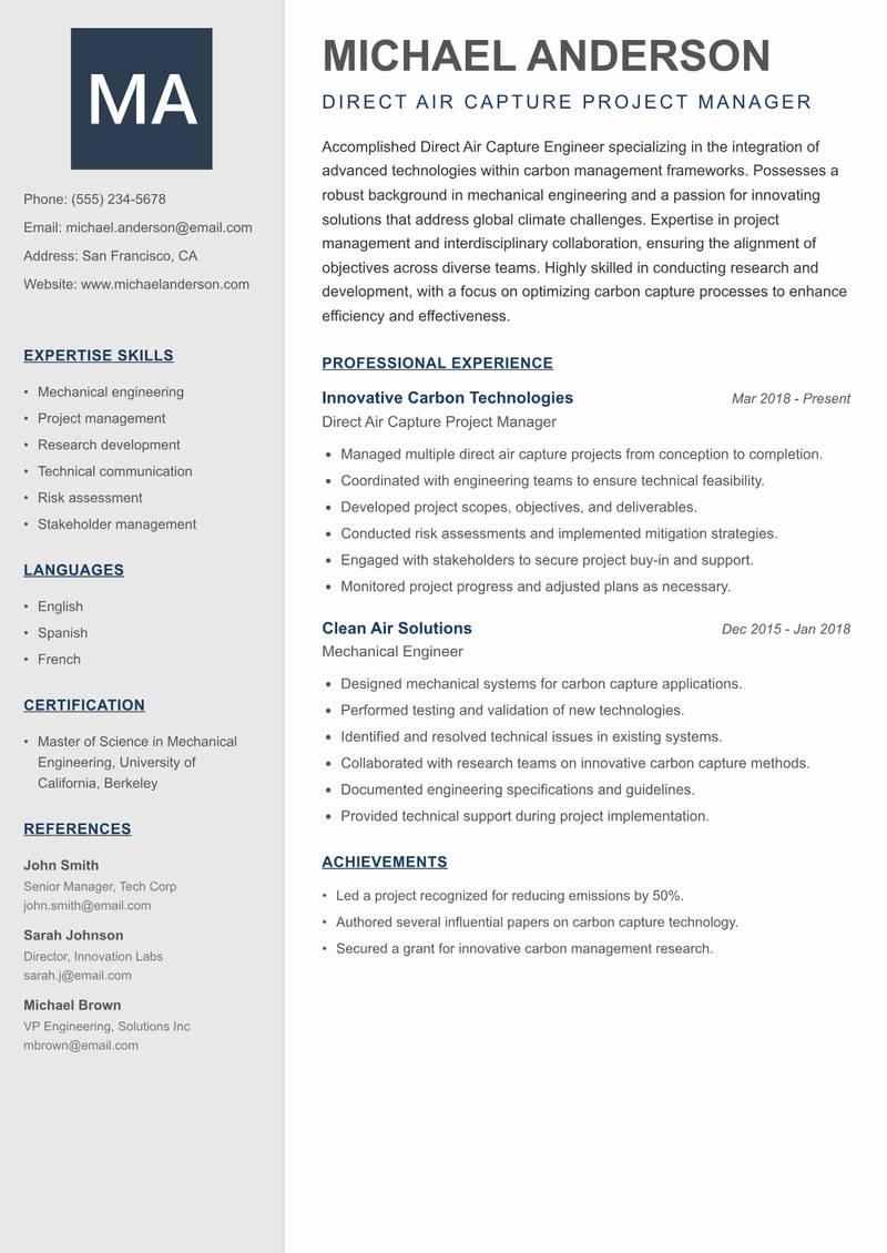 Direct Air Capture Engineer resume sample — Direct Air Capture Project Manager focus