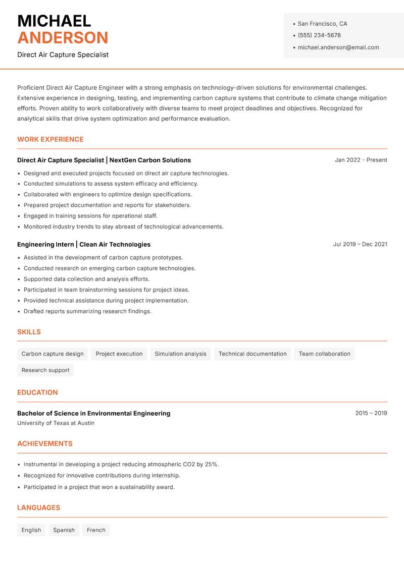 Direct Air Capture Engineer resume sample — Direct Air Capture Specialist focus