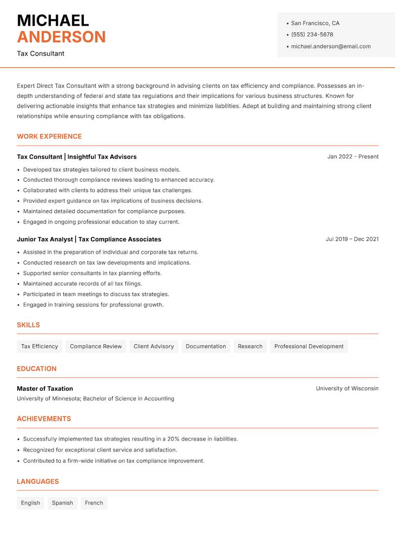 Direct Tax Consultant resume sample — Tax Consultant focus