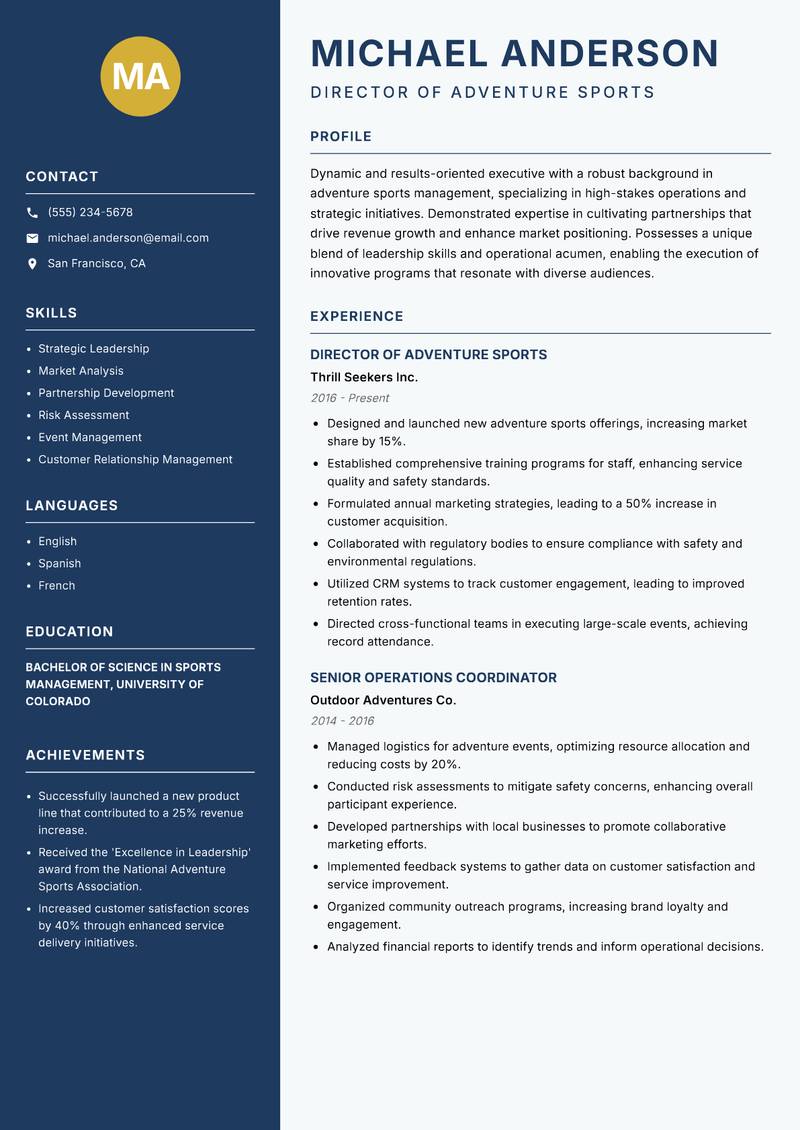 Director of Adventure Sports resume sample — Director of Adventure Sports focus