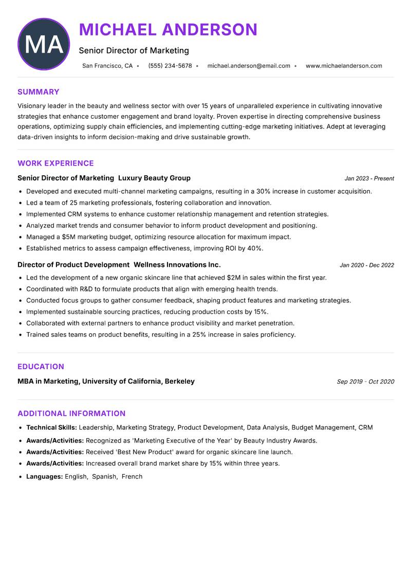 Director of Beauty and Wellness resume example