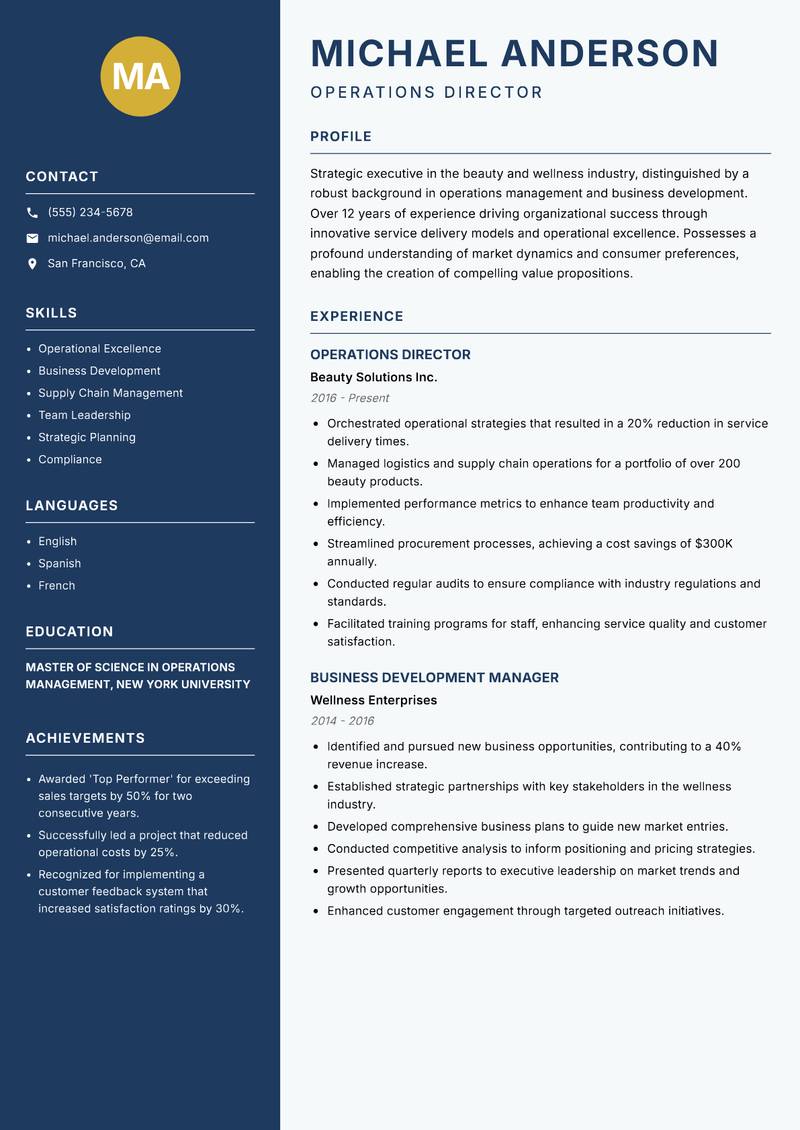 Director of Beauty and Wellness resume sample — Operations Director focus