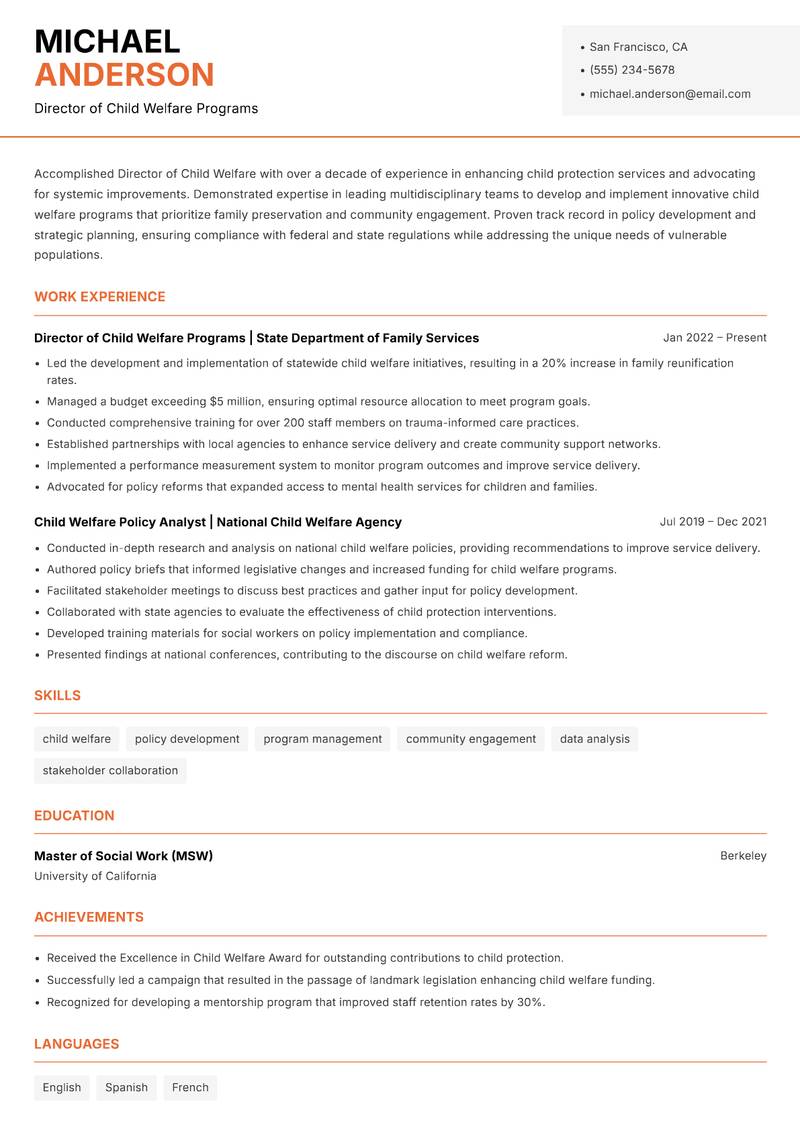 Director of Child Welfare resume sample — Director of Child Welfare Programs focus