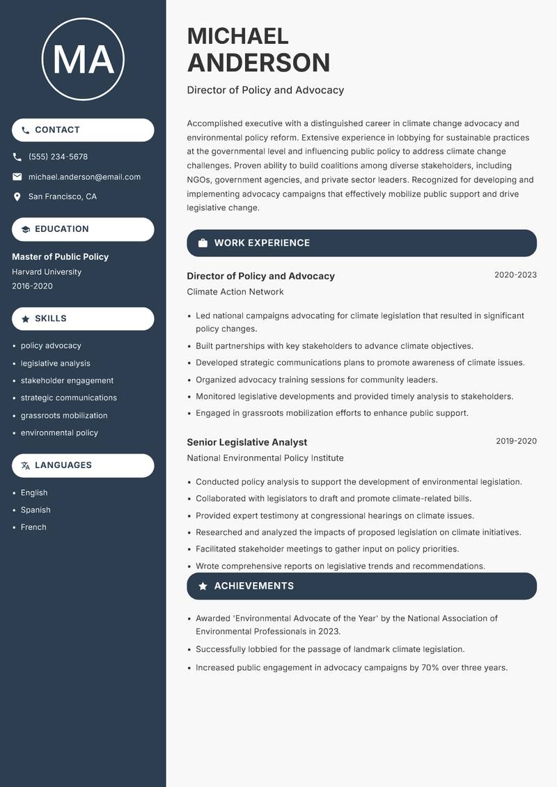 Director of Climate Change resume sample — Director of Policy and Advocacy focus