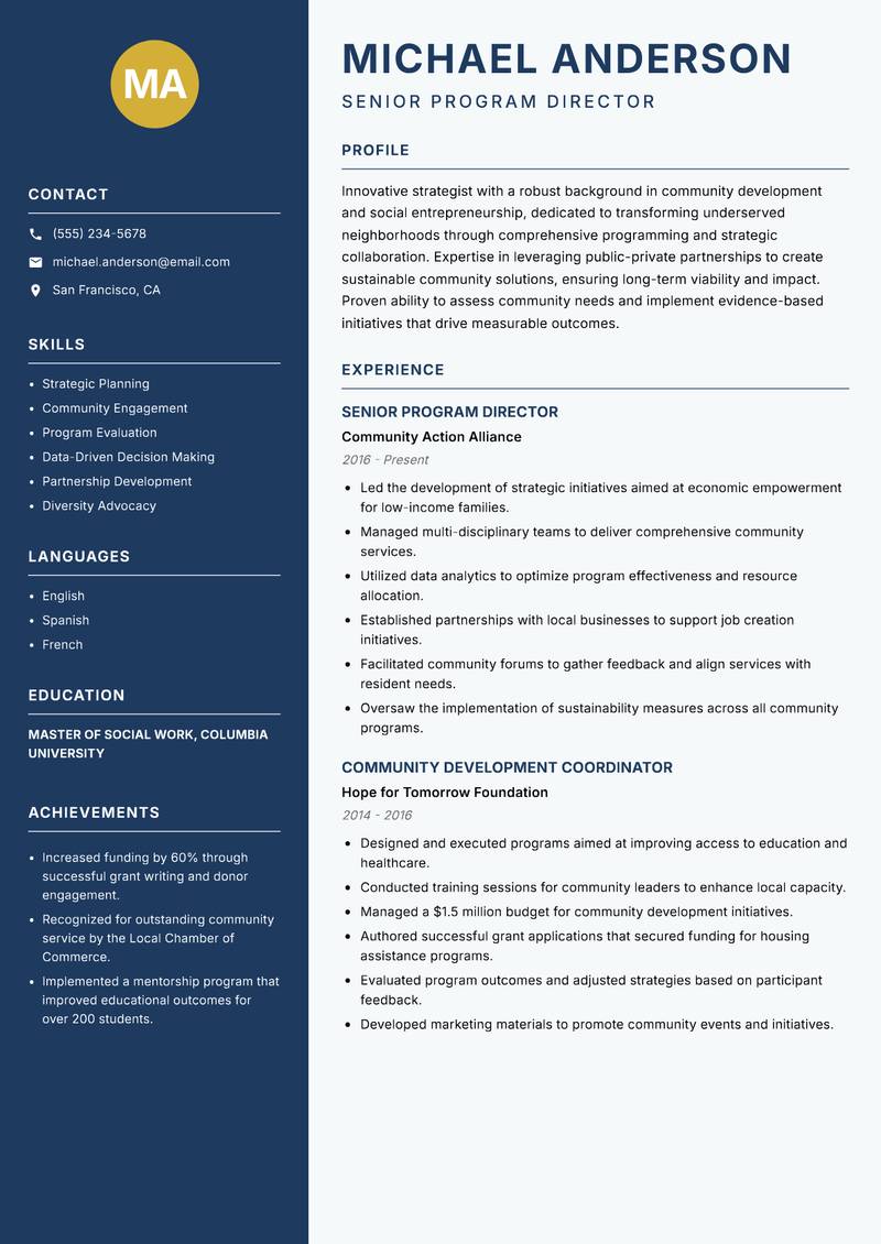 Director of Community Development resume sample — Senior Program Director focus