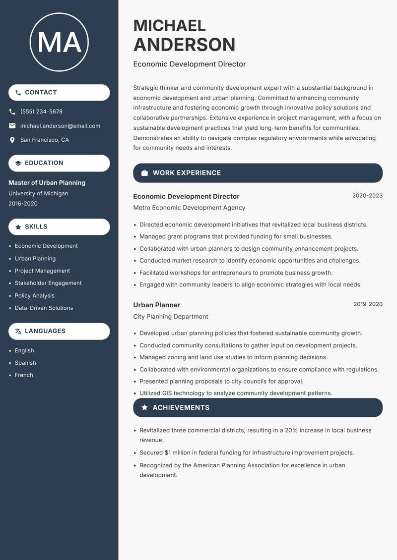 Director of Community Development resume sample — Economic Development Director focus