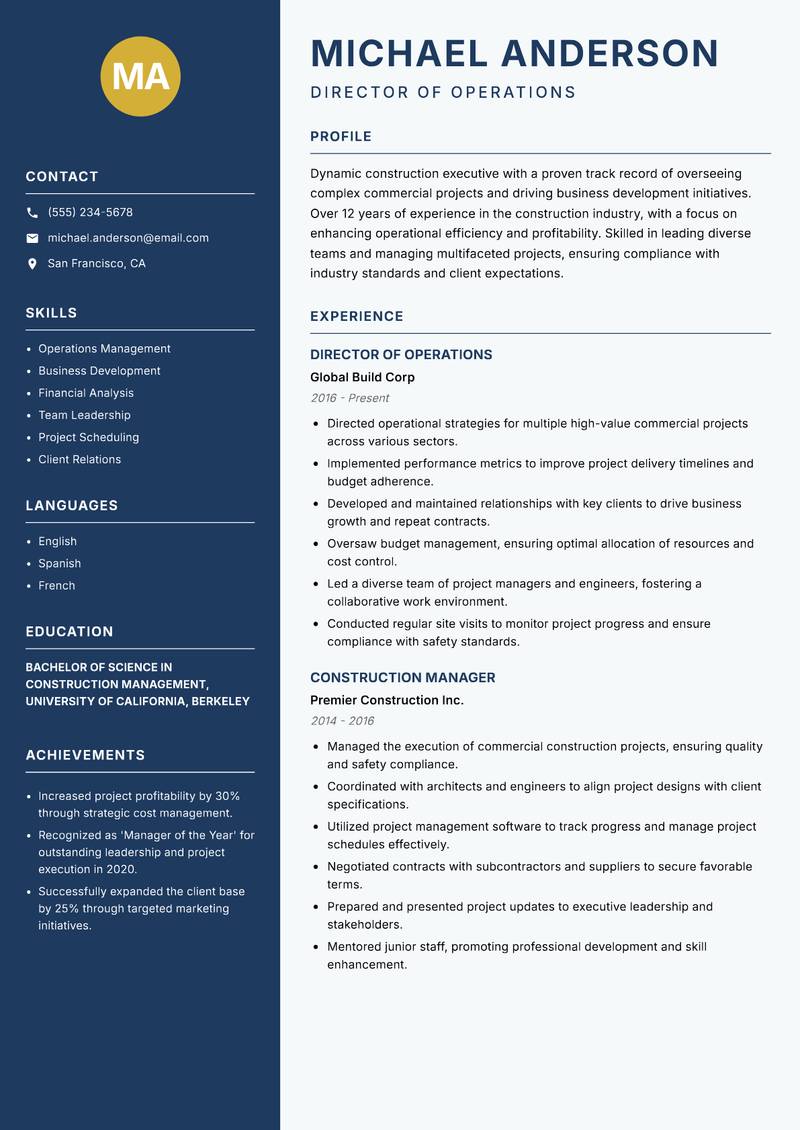 Director of Construction resume sample — Director of Operations focus