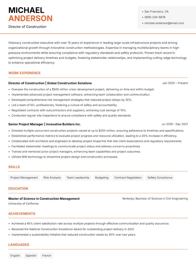 Director of Construction resume sample — Director of Construction focus
