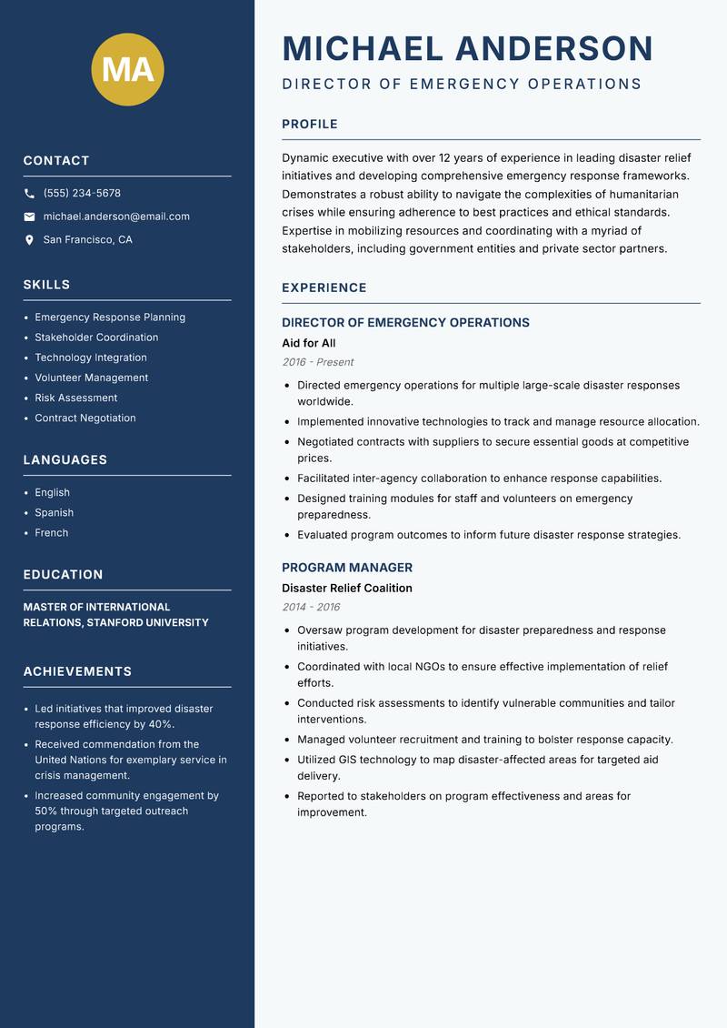 Director of Disaster Relief resume sample — Director of Emergency Operations focus
