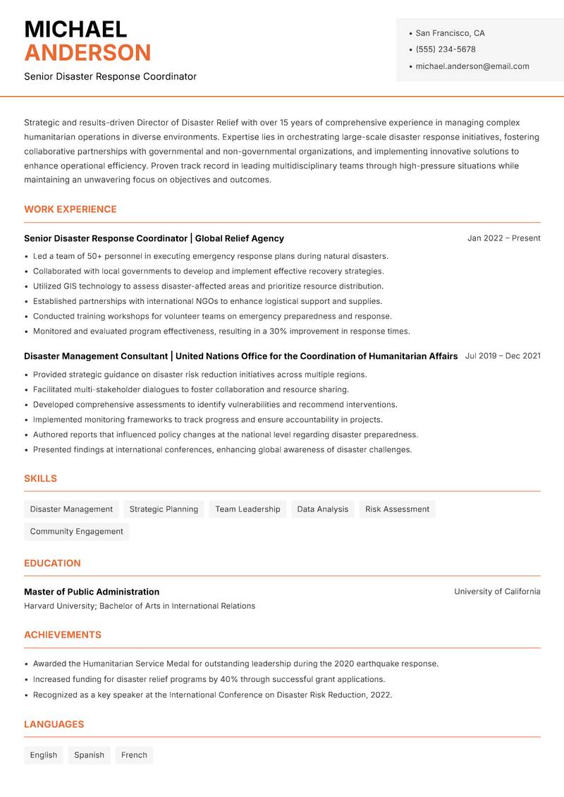 Director of Disaster Relief resume sample — Senior Disaster Response Coordinator focus