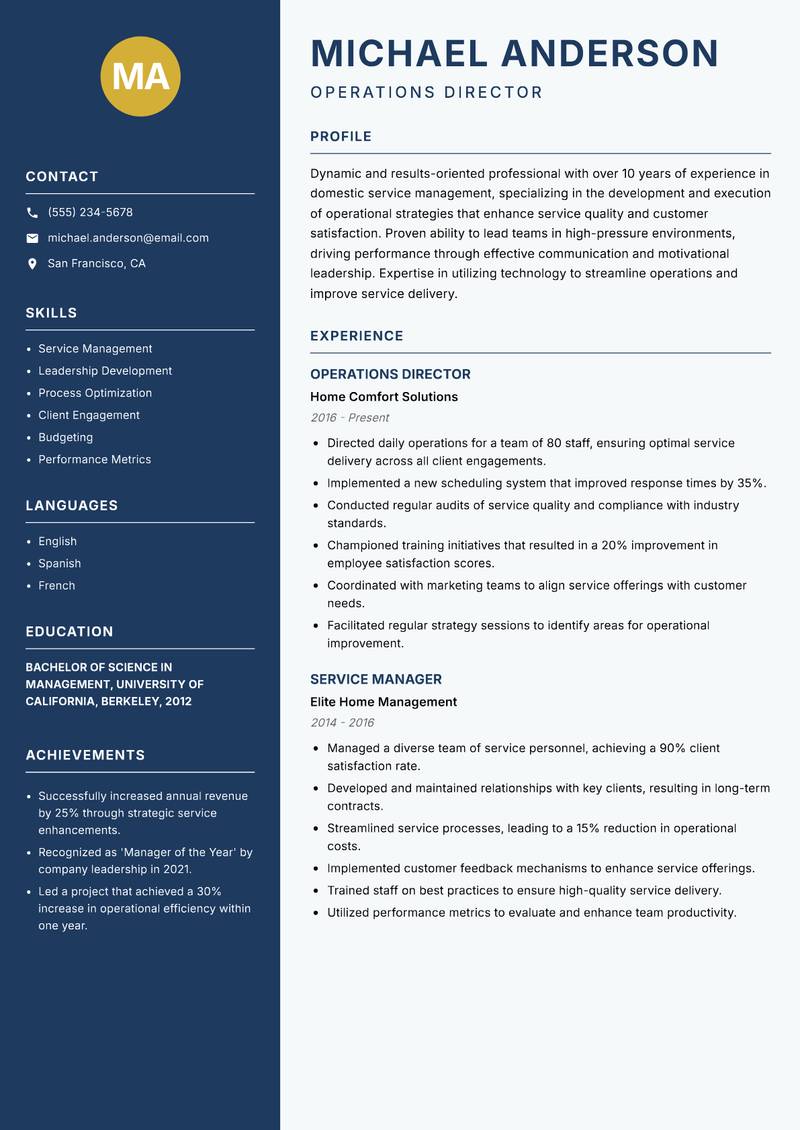 Director of Domestic Services resume sample — Operations Director focus