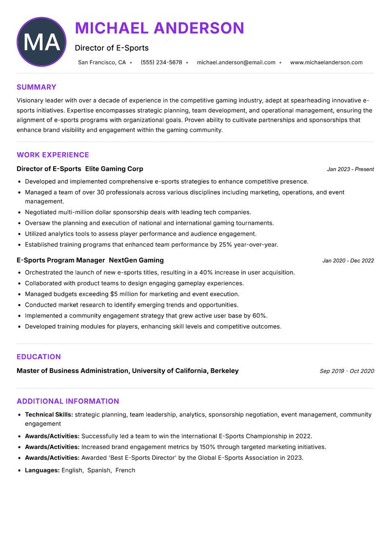 Director of E-Sports resume example