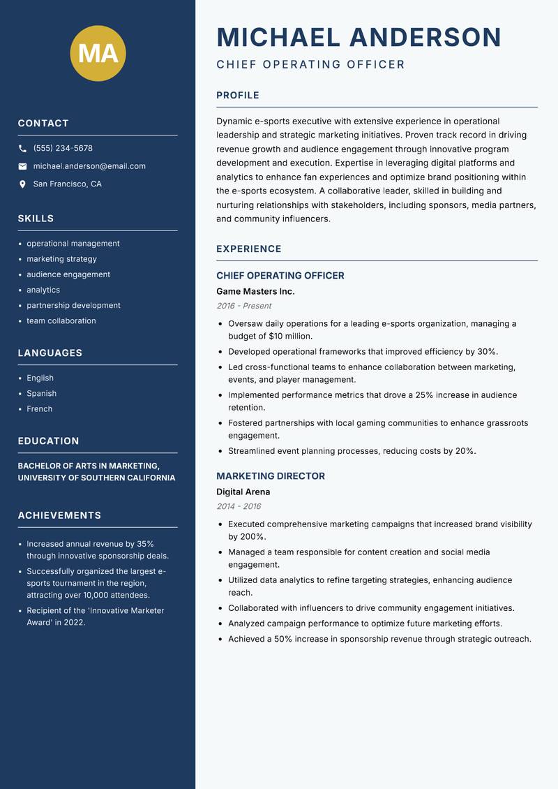 Director of E-Sports resume sample — Chief Operating Officer focus
