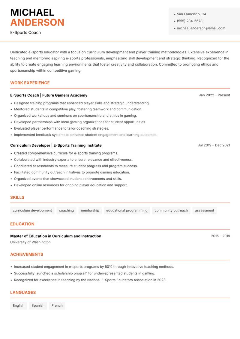 Director of E-Sports resume sample — E-Sports Coach focus