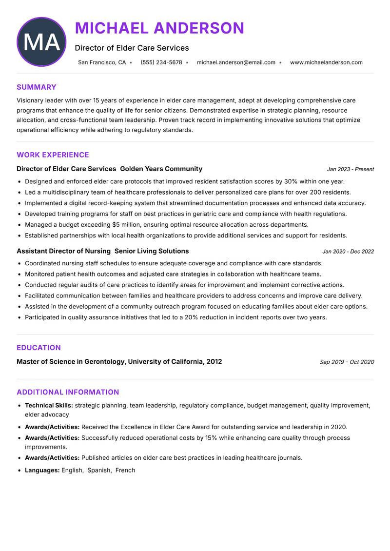 Director of Elder Care resume example