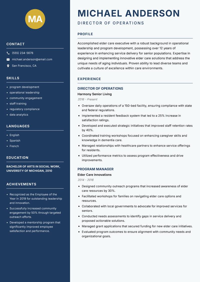 Director of Elder Care resume sample — Director of Operations focus