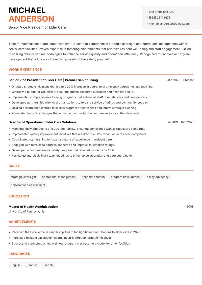 Director of Elder Care resume sample — Senior Vice President of Elder Care focus