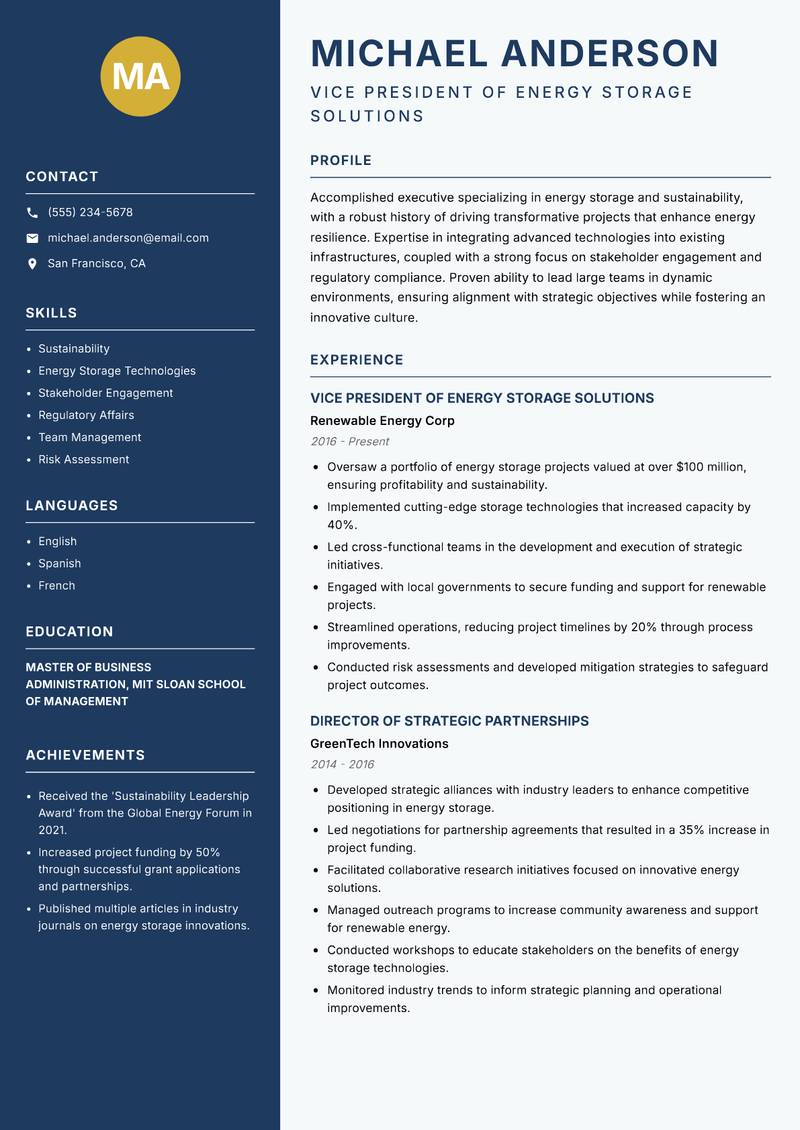 Director of Energy Storage resume sample — Vice President of Energy Storage Solutions focus